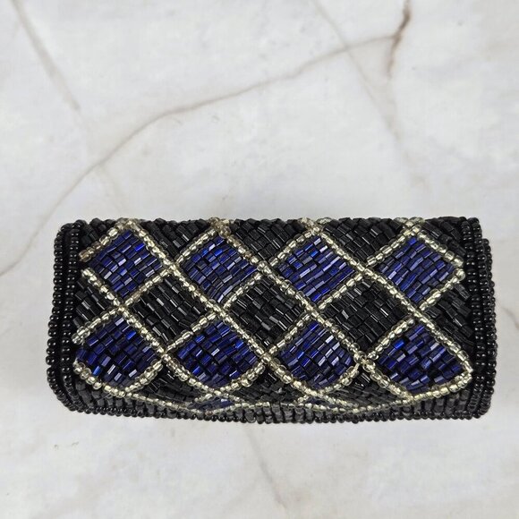 Vintage Beaded Lipstick Case Holder Inside Mirror Snap Closure Black Blue Clear - Picture 2 of 7